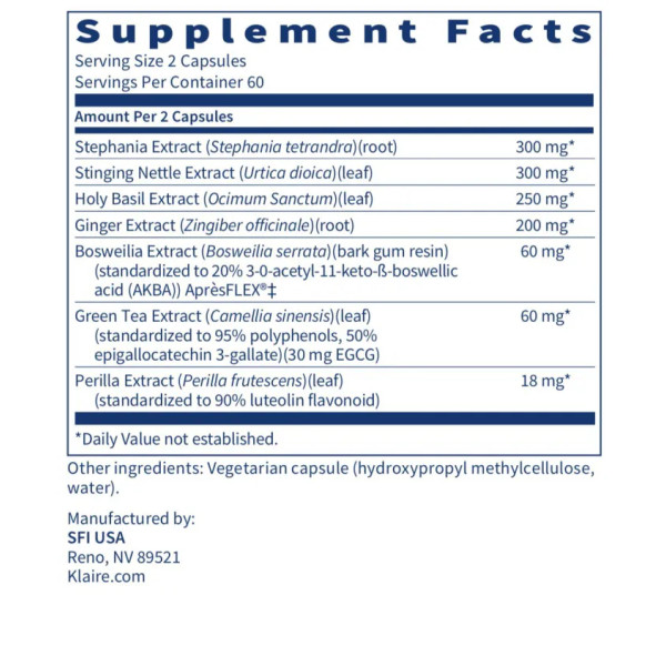 Протизапальний комплекс з босвелією, стефанією та кропивою, InflammoHealth, Klaire Labs, гіпоалергенна формула, 120 капсул