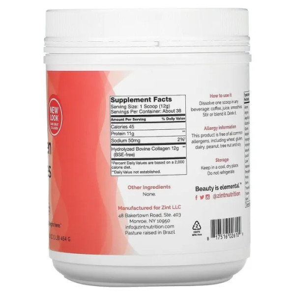 Колаген гідролізований, I і III типу, Hydrolyzed Collagen, Zint, порошок, 454 г