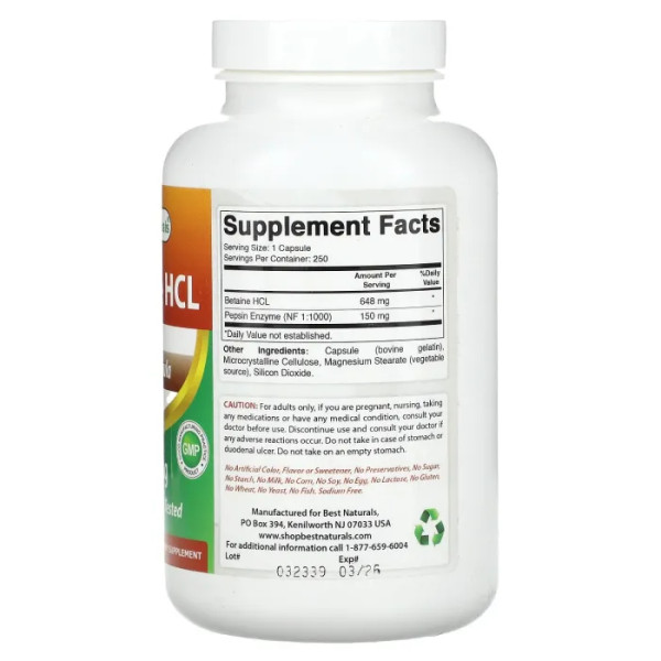Бетаїну гідрохлорид, Betaine HCL, Best Naturals, 648 мг, 250 капсул