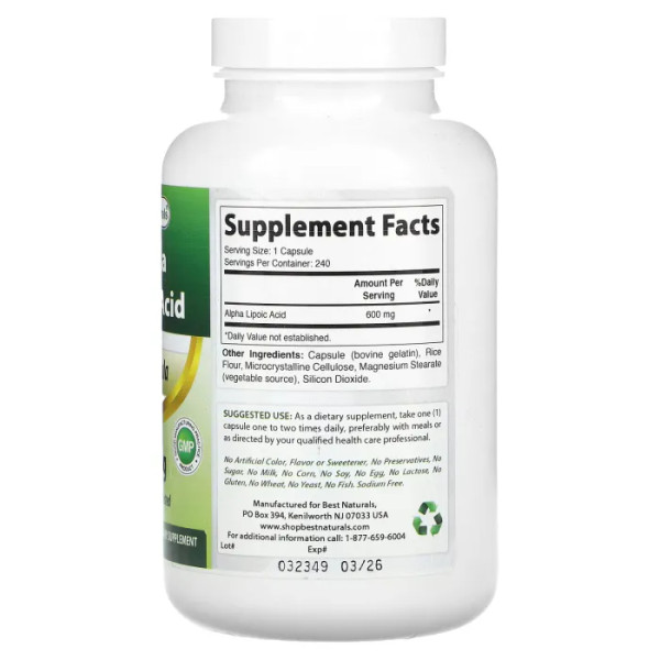 Альфа-ліпоєва кислота, Alpha Lipoic Acid, Best Naturals, 600 мг, 240 капсул