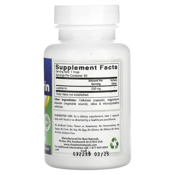 Лактоферрин, Lactoferrin, Best Naturals, підтримка кишечника та імунітету, 250 мг, 60 вегетаріанських капсул