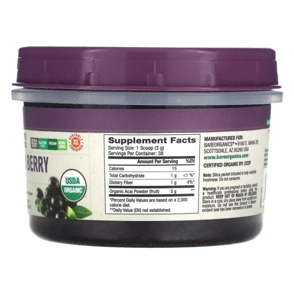 Асаї, Freeze-Dried Raw Organic Acai Berry Powder, BareOrganics, ліофілізовані, необроблені, органічні, 114 г