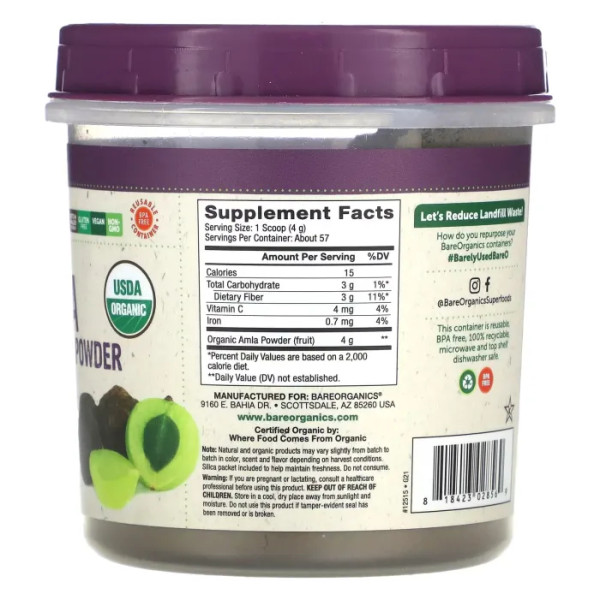 Амла, Organic Amla (Amalaki) Powder, BareOrganics, органічна в порошку, 227 г