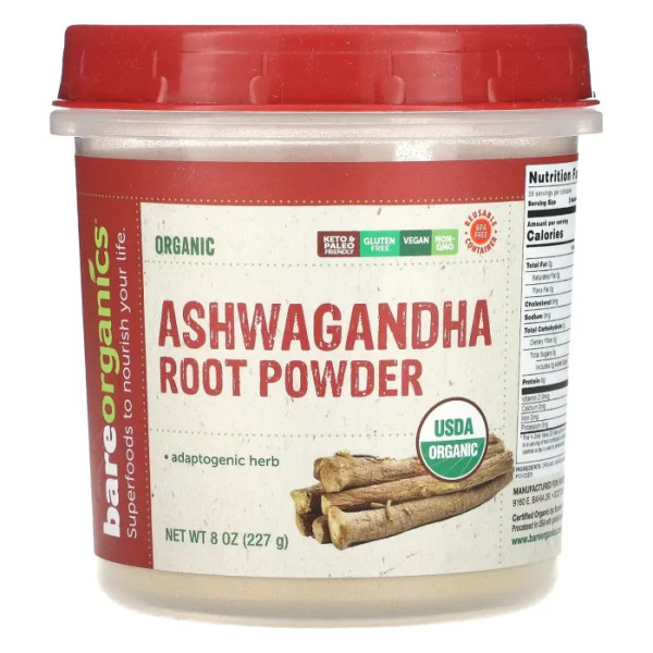 Ашвагандха, Organic Ashwagandha Root Powder, BareOrganics, органічний порошок з кореня, 227 г