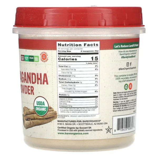 Ашвагандха, Organic Ashwagandha Root Powder, BareOrganics, органічний порошок з кореня, 227 г
