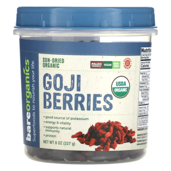Ягоди годжі, Sun-Dried Organic Goji Berries, BareOrganics, органік, сушені на сонці, 227 г