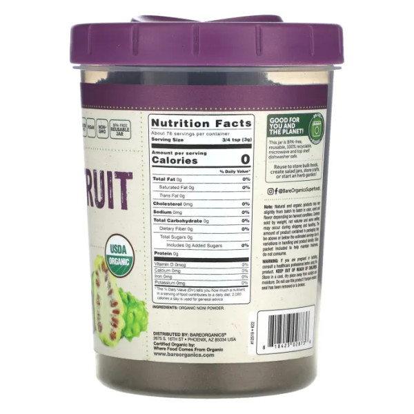Ноні, Raw Organic Noni Fruit Powder, BareOrganics, порошок з необроблених органічних фруктів, 227 г