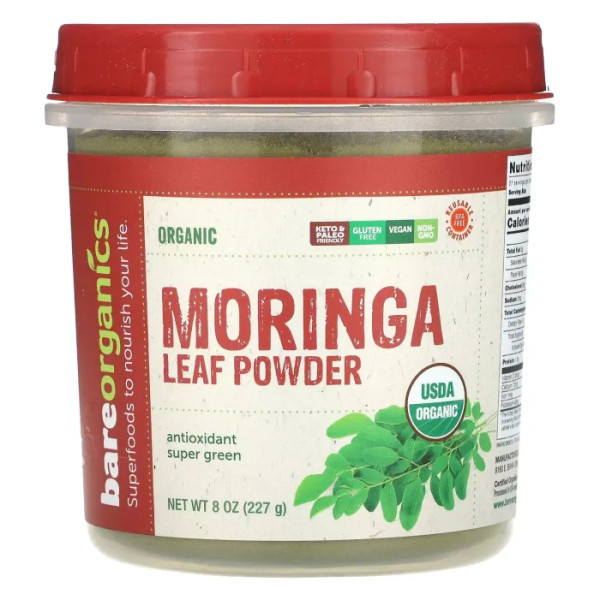 Морінга, Organic Moringa Leaf Powder, BareOrganics, органічний порошок з листя, 227 г