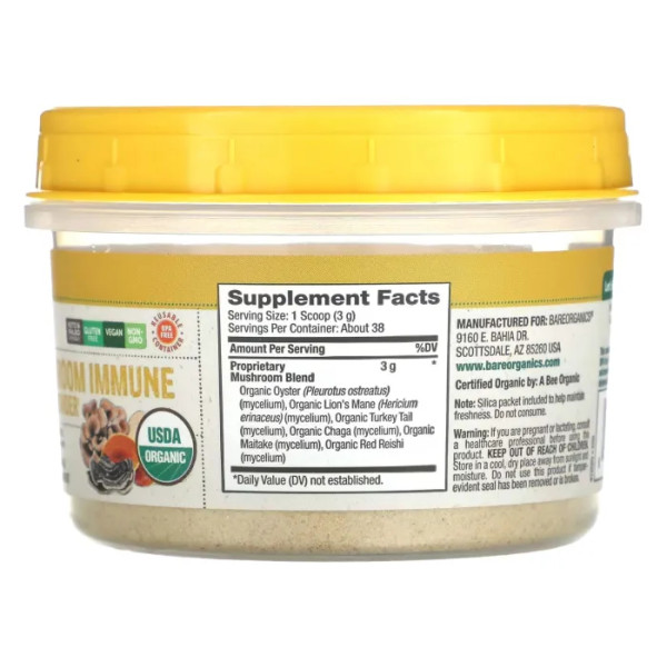 Гриби, суміш для імунітету, Organic Mushroom Immune Blend Powder, BareOrganics, органік, 114 г