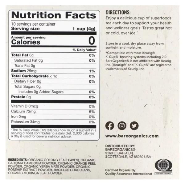 Чай улун із суперфудами, Oolong Tea, BareOrganics, Metabolism, 10 чашок по 4 г
