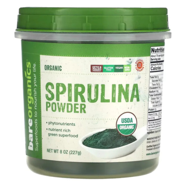 Спіруліна, Organic Spirulina Powder, BareOrganics, органічна в порошку, 227 г