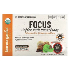 Кава з суперфудами, Coffee With Superfoods BareOrganics Focus, середня обсмажування, 10 чашок по 10,9 г