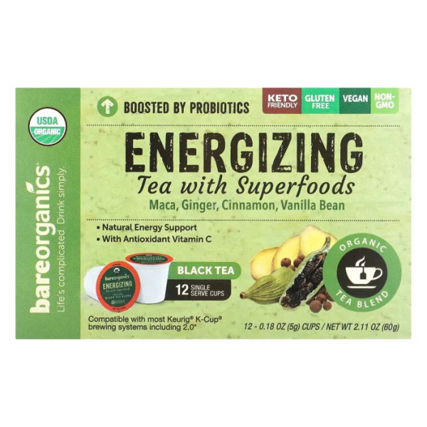 Чорний чай із суперфудами, Black Tea, BareOrganics, Energizing, енергетичний, 12 чашок по 5 г