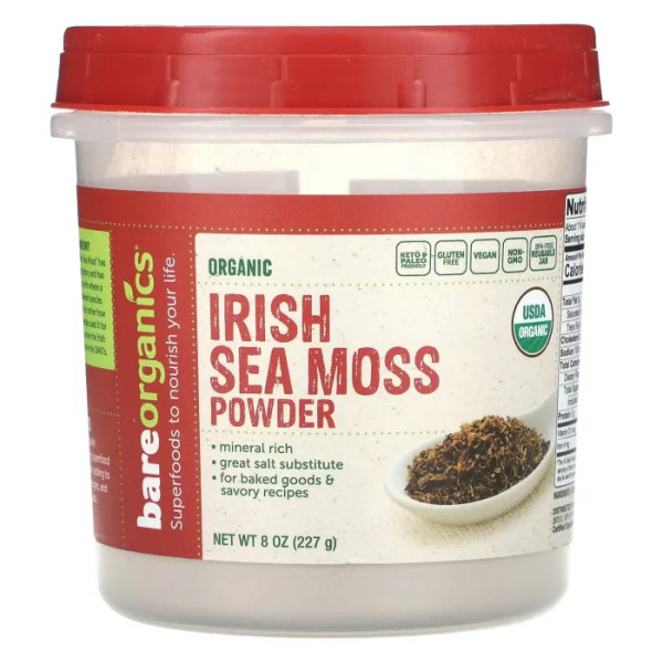 Ірландський морський мох, Organic Irish Sea Moss Powder, BareOrganics, порошок, органічний, 227 г