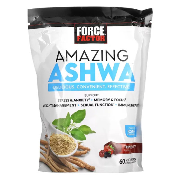 Ашваганда, Amazing Ashwa, Force Factor, потрійна ягода, 60 жувальних таблеток