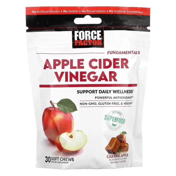 Яблучний оцет, Apple Cider Vinegar, Force Factor, карамельне яблуко, 30 жувальних таблеток