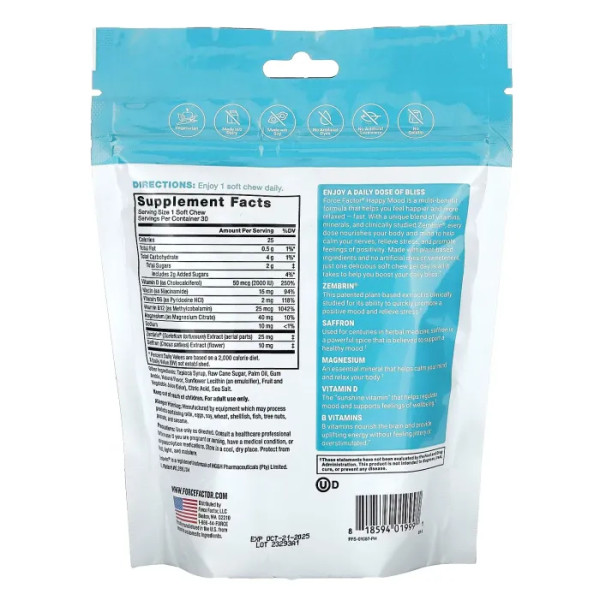 Підтримка позитивного настрою, Happy Mood, Force Factor, тропічні фрукти, 30 жувальних таблеток