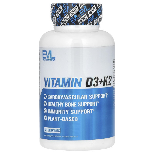 Вітаміни D3+K2, Vitamin D3+K2, EVLution Nutrition, 60 вегетаріанських капсул