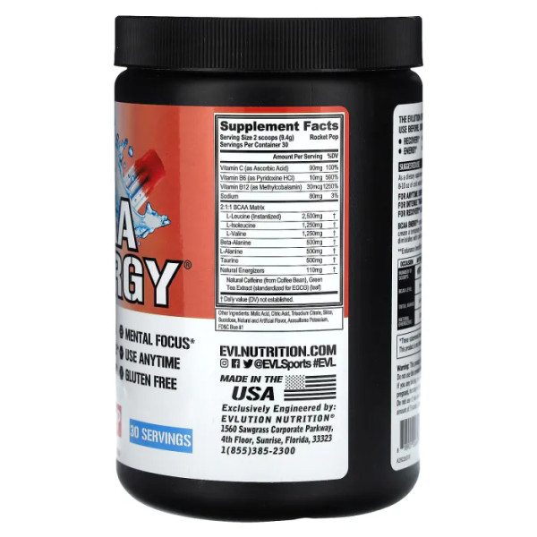 Амінокислоти BCAA, BCAA Energy, EVLution Nutrition, смак Rocket Pop, 282 г