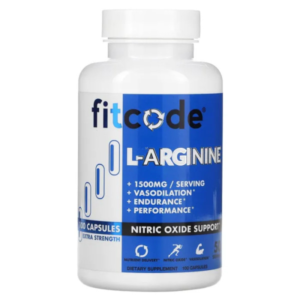 L-аргінін, L-Arginine, fitcode, підвищена сила дії, 1500 мг, 100 капсул (750 мг в 1 капсулі)