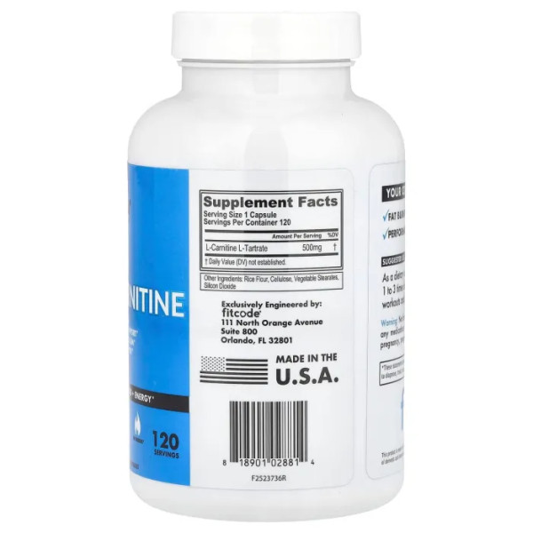 L-карнітин, L-Carnitine, fitcode, підвищена сила дії, 1000 мг, 120 капсул (500 мг в 1 капсулі)