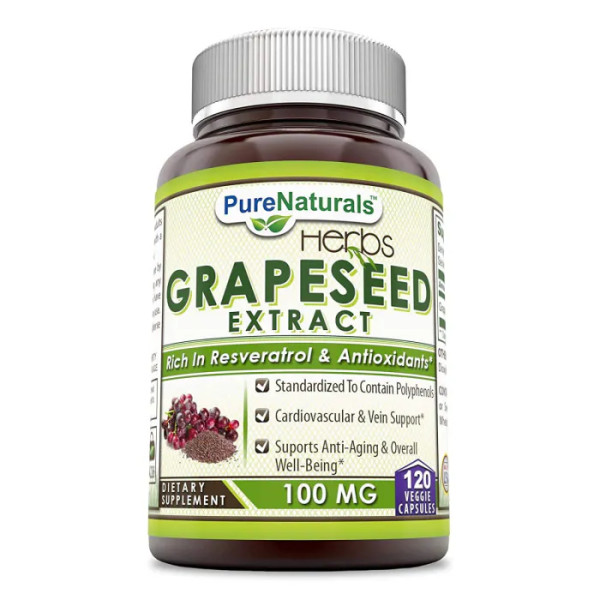 Екстракт виноградних кісточок, Grapeseed Extract, Pure Naturals, 100 мг, 120 вегетаріанських капсул