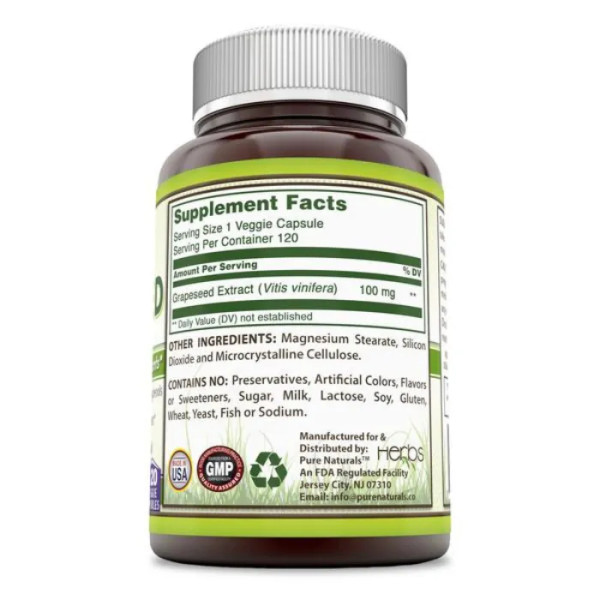 Екстракт виноградних кісточок, Grapeseed Extract, Pure Naturals, 100 мг, 120 вегетаріанських капсул
