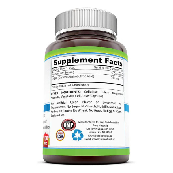 ГАМК (гамма-аміномасляна кислота), GABA, Pure Naturals, 750 мг, 100 вегетаріанських капсул