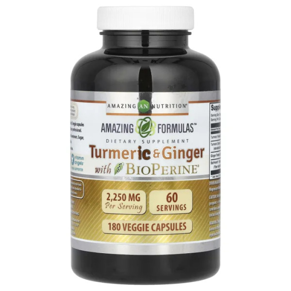 Куркума та імбир з біоперином, Turmeric & Ginger, Amazing Nutrition, 2250 мг, 180 рослинних капсул (750 мг на капсулу)