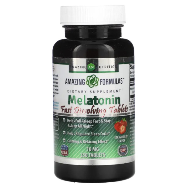 Мелатонін, Melatonin, Amazing Nutrition, смак полуниці, 10 мг, 250 таблеток