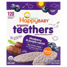Печенье для прорезывания зубов черника и морковь, Teething Wafers Happy Family Organics, органик, 12 шт по 4 г