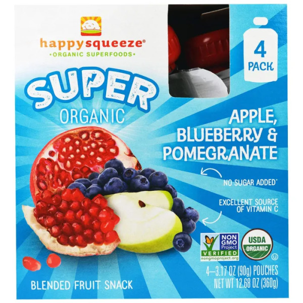 Дитяче пюре з яблуком, чорницею і гранатом, Happy Squeeze, Nurture Inc. (Happy Baby), органік, 4 пакети по 90 г