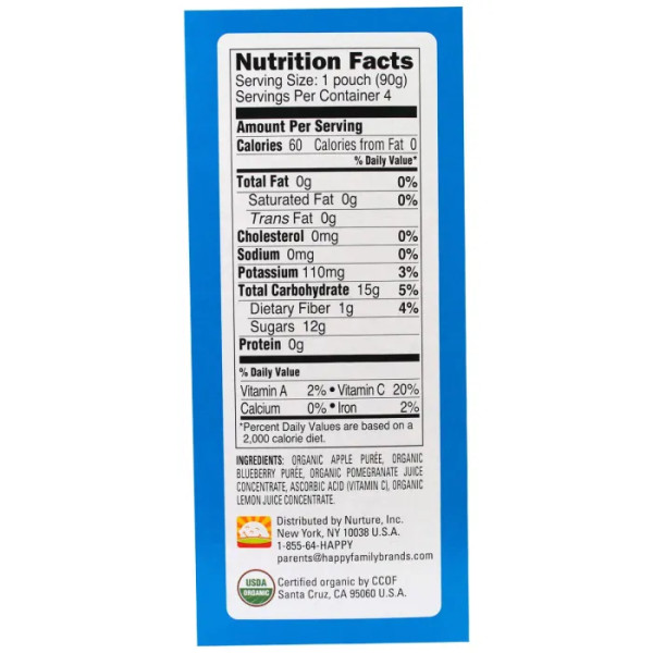 Дитяче пюре з яблуком, чорницею і гранатом, Happy Squeeze, Nurture Inc. (Happy Baby), органік, 4 пакети по 90 г