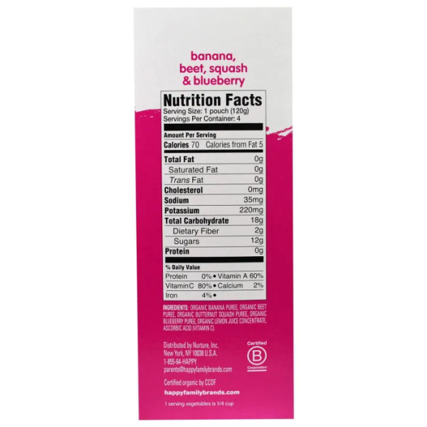 Дитяче пюре c бананом, буряком, гарбузом та чорницею, Baby Food, Nurture Inc. (Happy Baby), органік, 4 пакети по 120 г