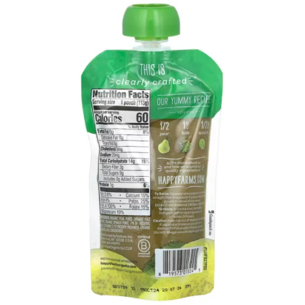 Детское пюре из груши, капусты, шпината, Baby Food, Happy Family Organics, органик, 2 прикорм, от 6 месяцев, 113 г