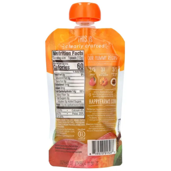 Детское пюре из груши, тыквы, маракуйи, Baby Food, Happy Family Organics, органик, 2 прикорм, от 6 месяцев, 113 г