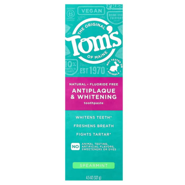 Зубна відбілююча паста, проти зубного нальоту, Antiplaque & Whitening Toothpaste, Tom's of Maine, без фтору, зі смаком м'яти, 127 г