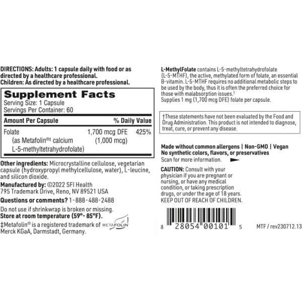 L-метилфолат, L-Methylfolate, Klaire Labs, з високою біодоступністю, гіпоалергенний, 1000 мкг, 60 капсул