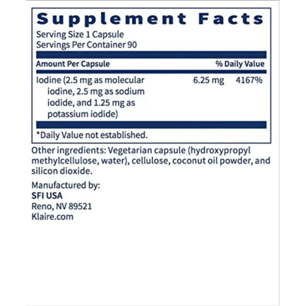 Йод, Iodine Complex, Klaire Labs, 6.25 мг, 90 капсул