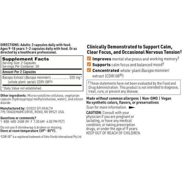 Бакопа моньєрі для мозку та пам'яті, Acumen, Klaire Labs, когнітивна підтримка для дорослих та дітей 7+, 60 вегетаріанських капсул