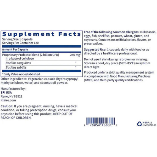 Пробіотик, Biospora, Klaire Labs, 120 капсул