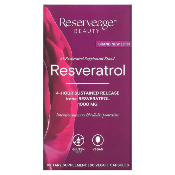 Ресвератрол, Resveratrol, ReserveAge Nutrition, з транс-ресвератролом, 1000 мг, 60 вегетаріанських капсул (500 мг в 1 капсулі)