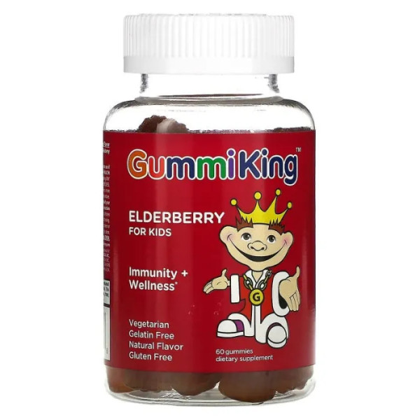 Чорна бузина для дітей, Elderberry, GummiKing, імунітет та здоров'я, смак малини, 60 жувальних цукерок