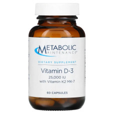 Витамин D3 25000 МЕ с витамином K2 MK7, Metabolic Maintenance Vitamin D3 with Vitamin K2 MK7, 60 вегетарианских капсул