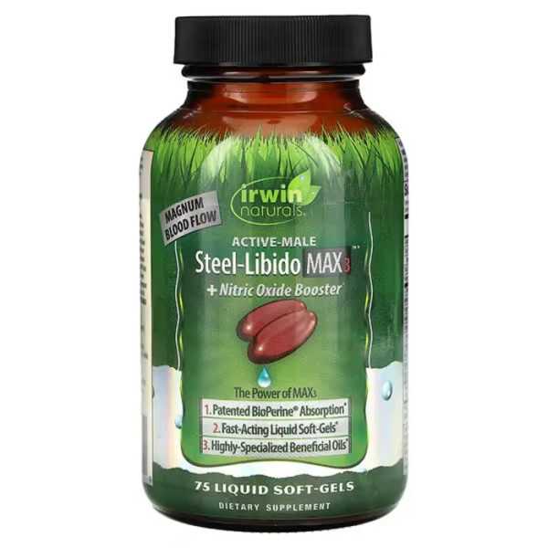 Підтримка лібідо з L-цитруліном, Steel Libido Max3 + Nitric Oxide Booster, Irwin Naturals, Active-Male, для чоловіків, 75 гелевих капсул