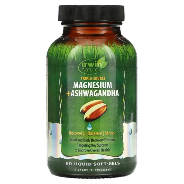 Магній + ашваганда, Magnesium + Ashwagandha, Irwin Naturals, потрійне джерело, 60 рідких гелевих капсул