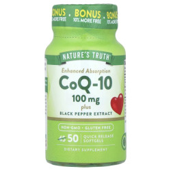 Коензим Q10, Nature's Truth CoQ-10, підвищена абсорбція з екстрактом чорного перцю 50 гелевих капсул швидкого вивільнення