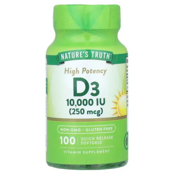 Вітамін D3, Vitamin D3, Nature's Truth, висока ефективність, 250 мкг (10 000 МО), 100 гелевих капсул швидкого вивільнення