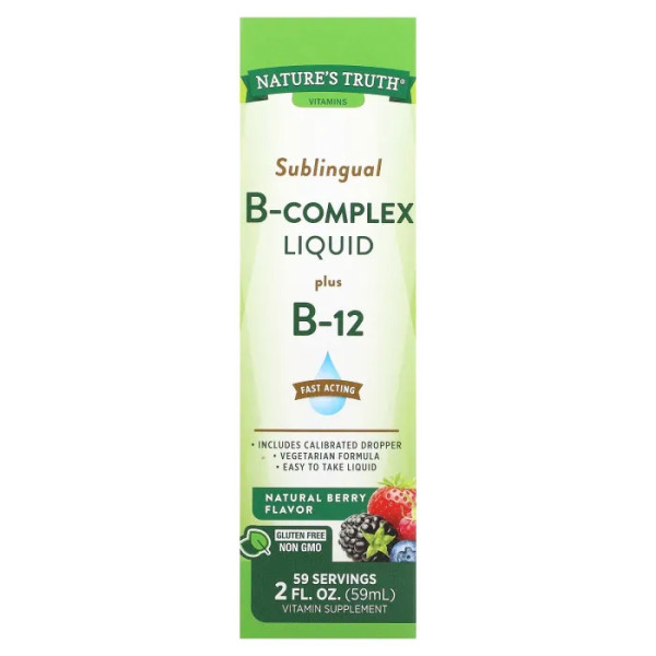 Вітаміни групи B плюс вітамін B-12, Sublingual B-Complex Liquid Plus B-12, Vitamins, Nature's Truth, смак ягід, 59 мл