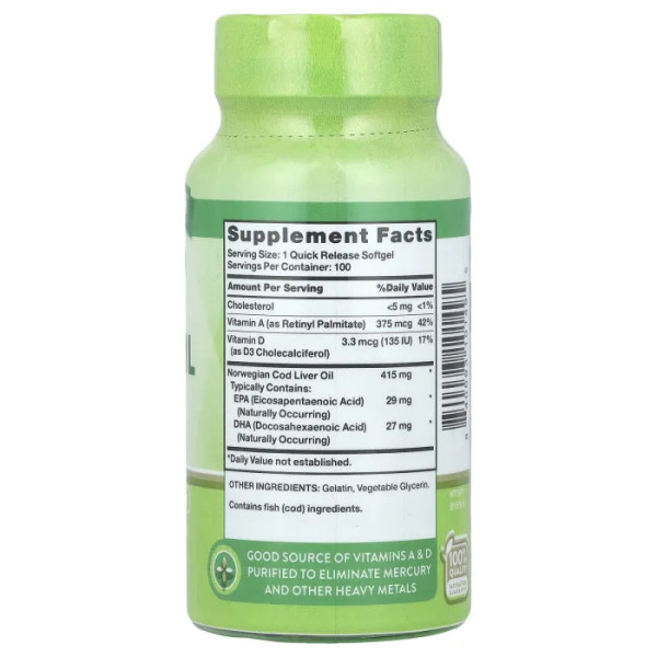 Риб'ячий жир, Norwegian Cod Liver Oil, Nature's Truth, норвезький, з ЕПК та ДГК, 100 гелевих капсул швидкого вивільнення